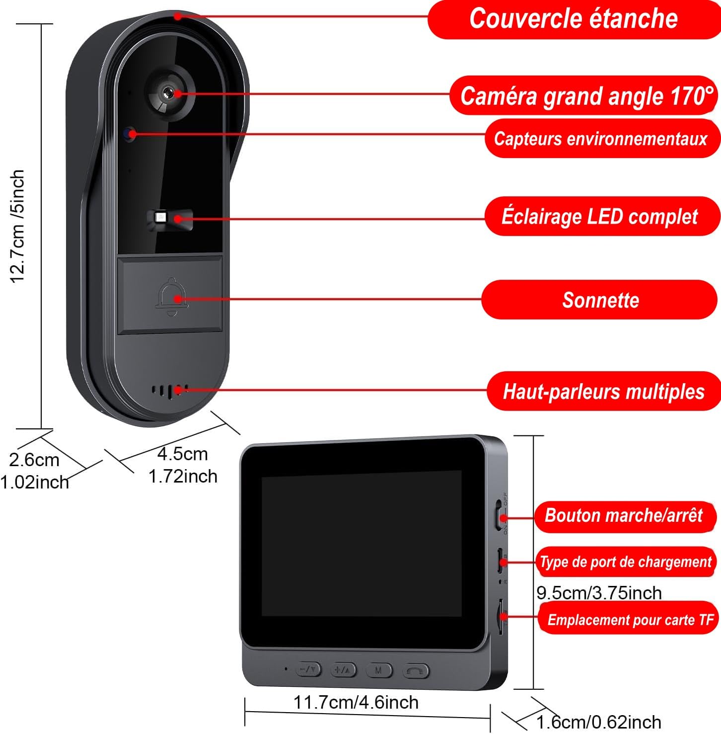 TKMARS Sonnette Vidéo sans Fil avec Écran 4.3 Pouces | Grand Angle 170°, sans WiFi ni Application ni Abonnement, Audio Bidirectionnel, Vision Nocturne IR, Étanche IP65