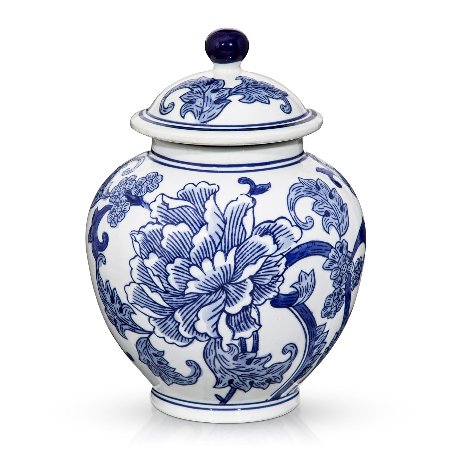 Oairse Blue and White Vase Ginger Jar 8.7" Chinoiserie Decor Ginger Jar Blue & White Porcelain Flowers Ceramic Covered Jars with Lid Chinoiserie Decorative Vase for Home Office Tabletop Centerpieces