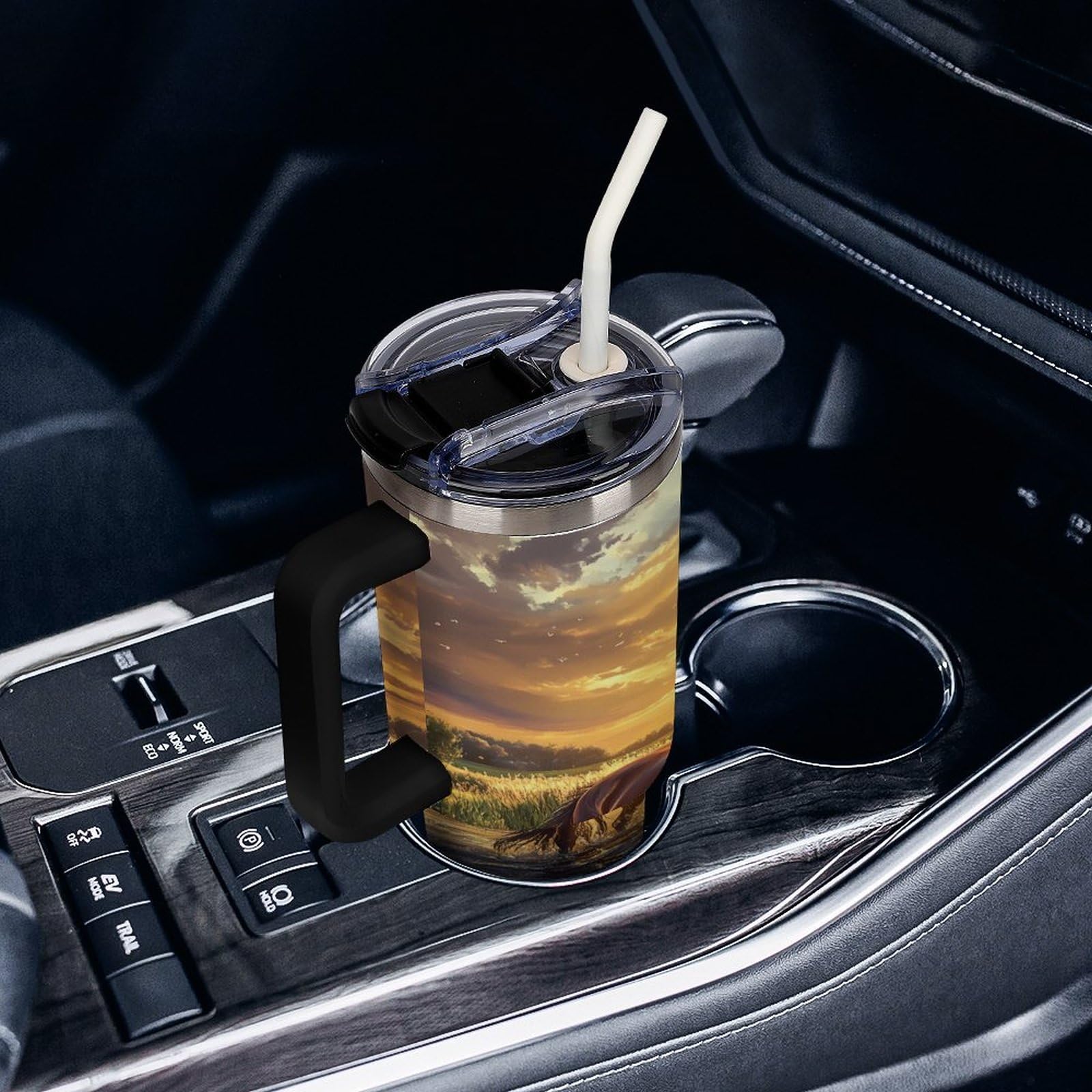 Reise-Kaffeebecher mit Griff, Motiv: Pferd, Sonnenuntergang, 1,2 l, große Kapazität, Autobecher, Wasserflasche