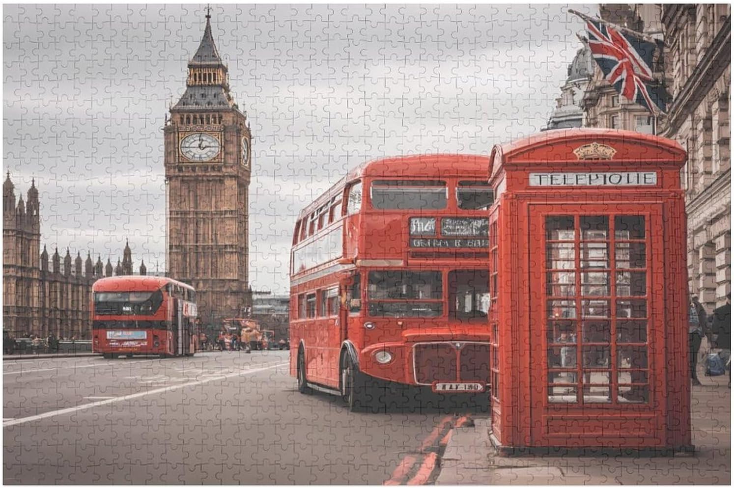 Red Bus London Union Jack Puzzles for Adults 1000 PCS Wooden Jigsaw Puzzle Wall Decor Christmas