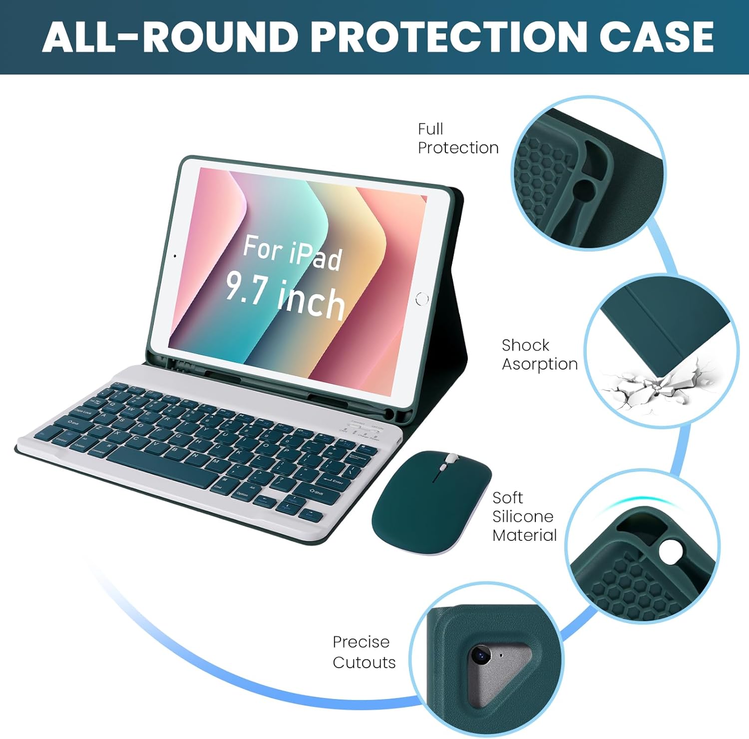 Keyboard Case for iPad 9.7 inch 2018 (6th Gen)/ 2017 (5th Gen)/2016 iPad Pro/Air 1/2, Detachable Bluetooth Keyboard Case with Pencil Holder and Mouse for 9.7 inch, Auto Sleep/Wake, Deep Gren