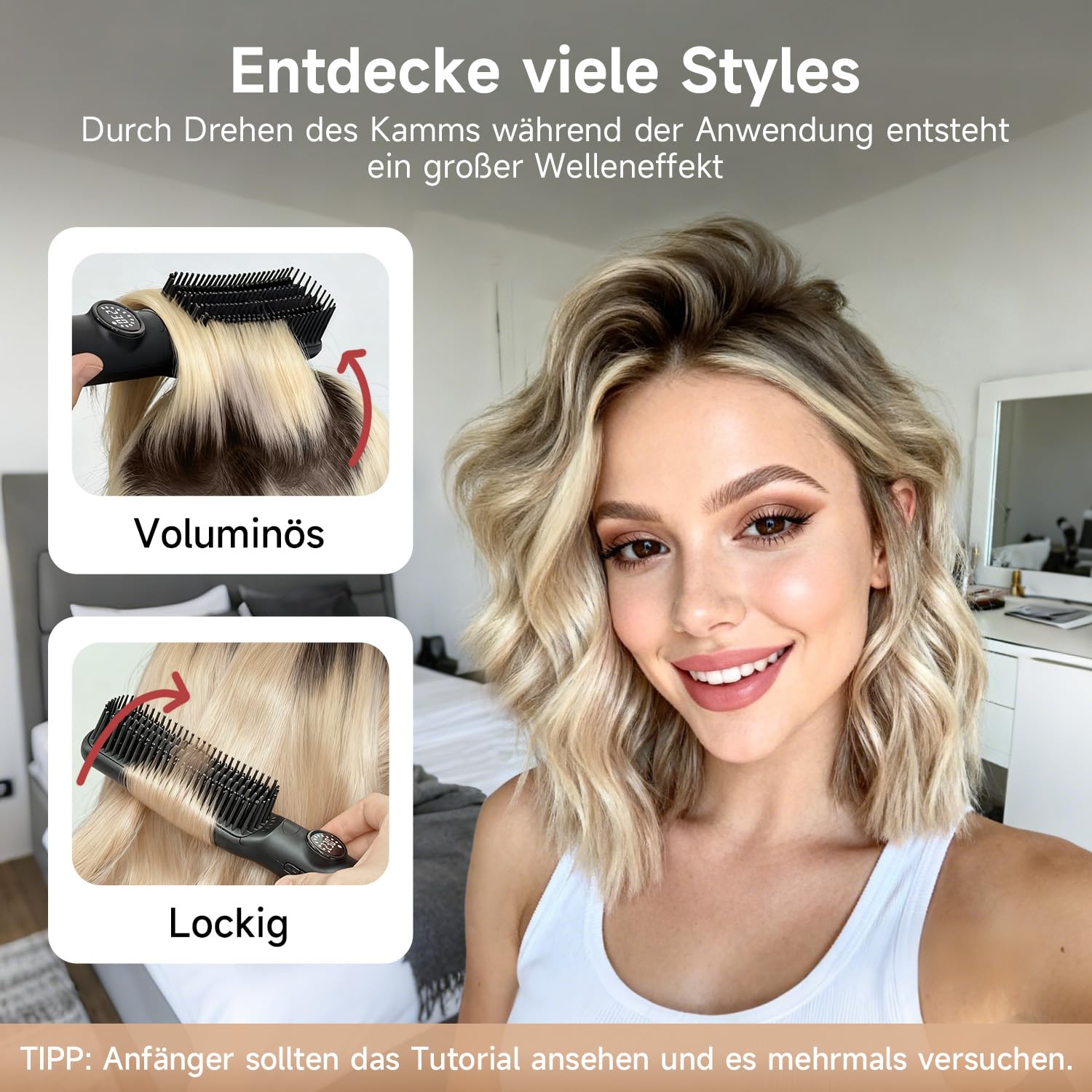 2-in-1-Glättbürste, FLYZEMAA 30s Schneller Keramikerwärmung Schichtete, Verbrühungsschutz Glättungsbürste für Alle Haartypen der Haarglätter bürste, 7 Temperatureinstellungen, LCD-Display, Schwarz