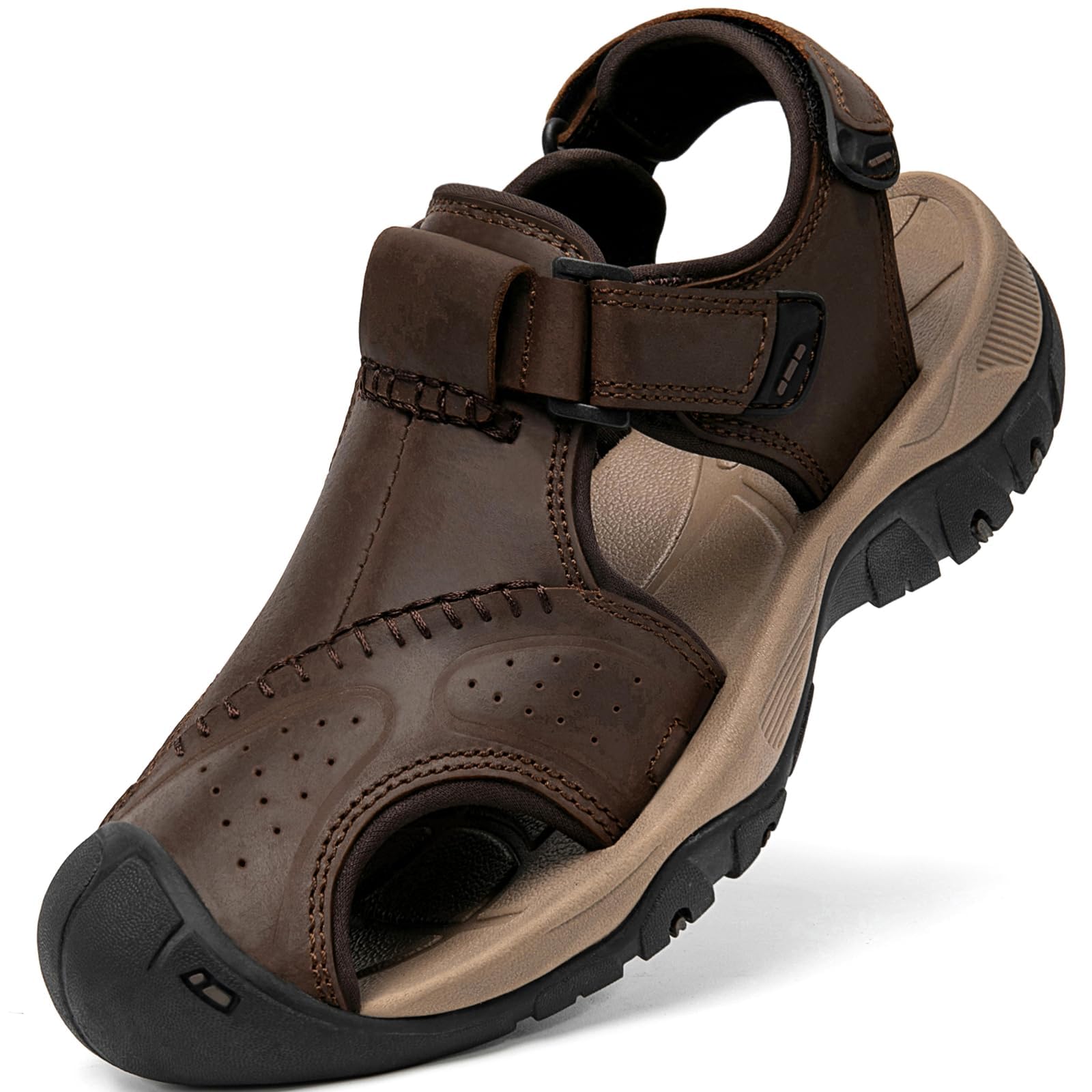 Men's Sport Sandals Closed Toe Leather Hiking Athletic Walking Outdoor Beach Trail River Fishing Water Shoes Lightweight Comfortable Waterproof