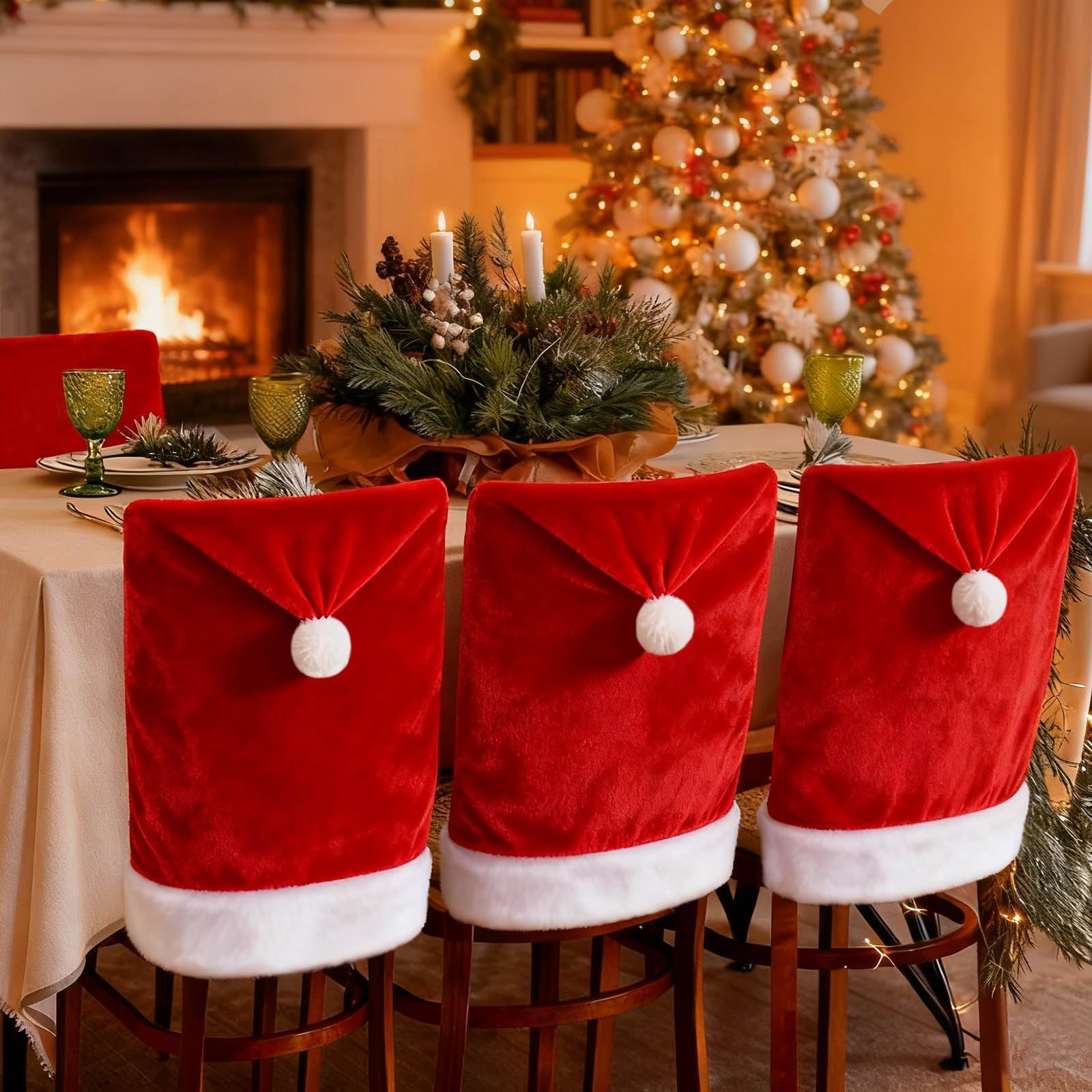 VADOO Christmas Chair Covers, 4PCS Santa Hat Chair Covers with 4 Pcs Silverware Holders Red Hat Dining Chair Slipcovers Christmas Chair Back Covers for Party Festival Decoration