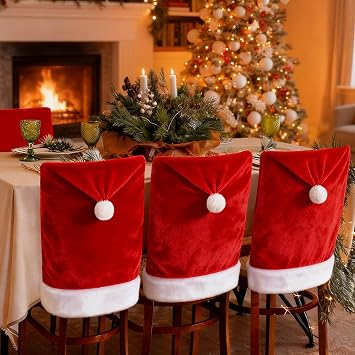 VADOO 2 PCS Christmas Chair Covers, Santa Claus Hat Slipcover Xmas Chair Back Cover for Christmas Holiday Dinning Room Decoration