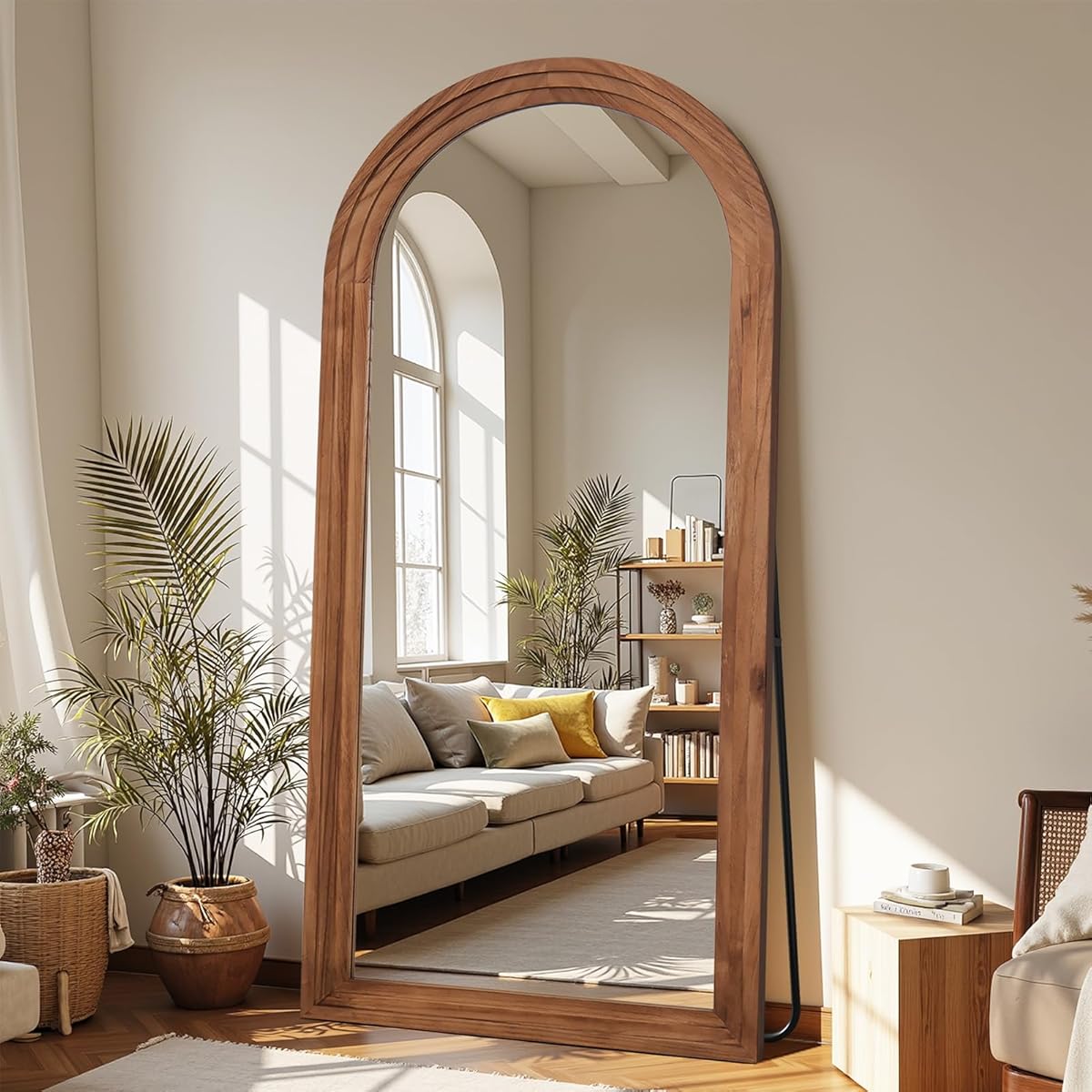 Antok Floor Mirror, 71"×32" Wood Full Length Mirror Wooden Full Body Mirror with Stand, Hanging Mounted for Living Room Cloakroom, Brown, Arched Style