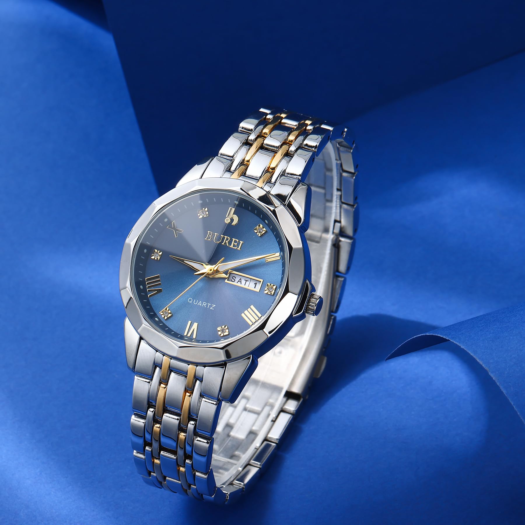 BUREI Herrenuhr Simulation Quarz Band Diamant Edelstahl Uhr Kalender Datum wasserdichte Luxus Business Freizeit Mode Uhr
