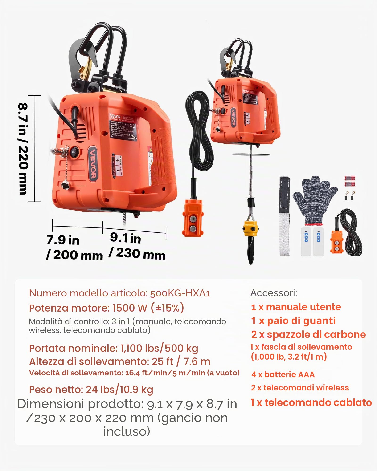 VEVOR Verricello Paranco Elettrico di Sollevamento Capacità Carico 500 kg, Verricello Argano Elettrico Portatile da 1500 W, Altezza di Sollevamento 7,6 m, con Telecomando Manuale, Cablato Wireless