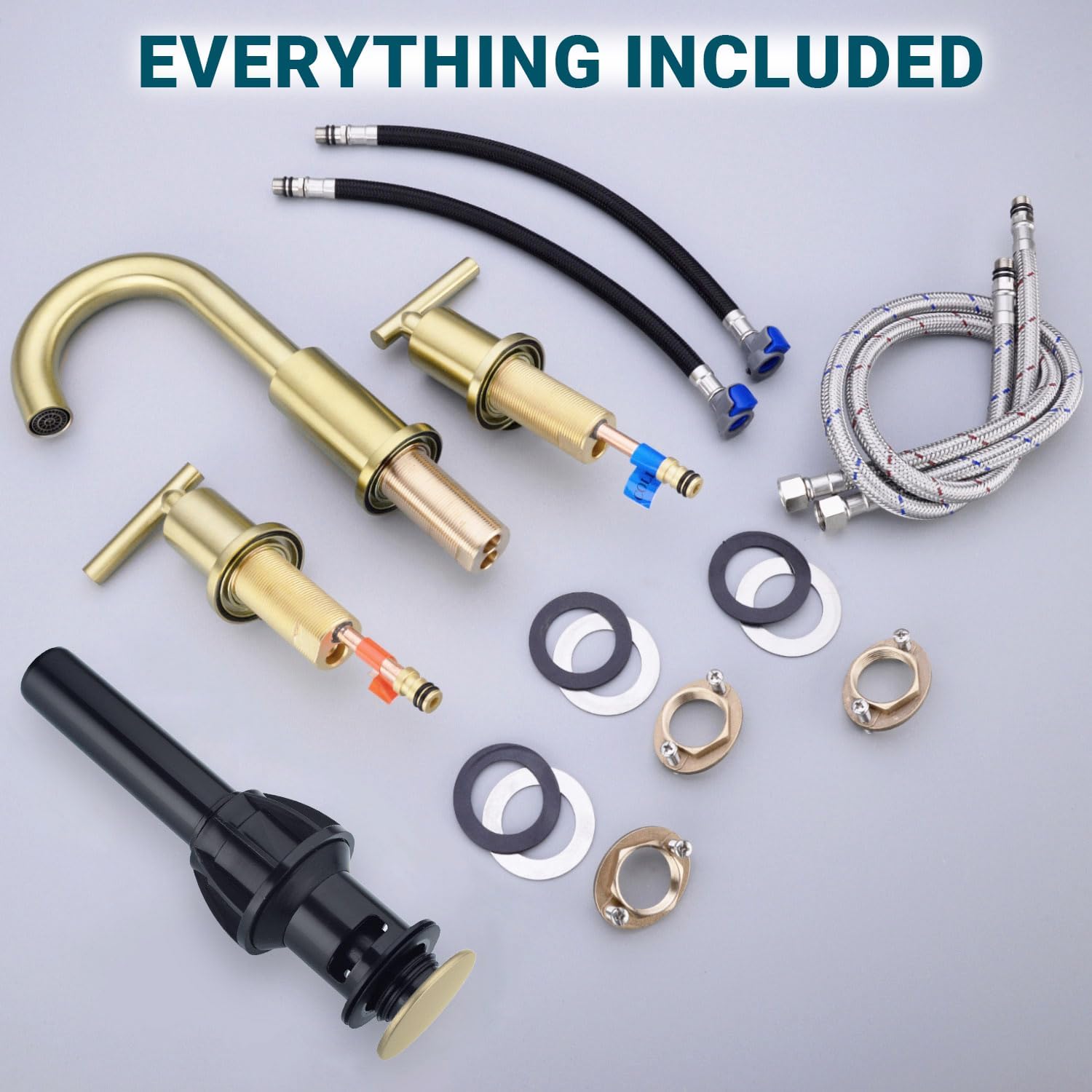 TRUSTMI Bathroom Faucet 3 Hole Brushed Gold - 8 Inch Widespread Brass Bathroom Vanity Sink Faucets in Gold with Swivel Spout, Include Overflow Drain and cUPC Supply Lines - Image 8