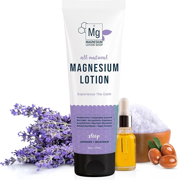 Melatonin + Lavender Magnesium Lotion for Sleep | 250 mg Magnesium and 3 mg Melatonin per Teaspoon | 6 oz Bottle of Lavender Lotion | Proudly Made in America
