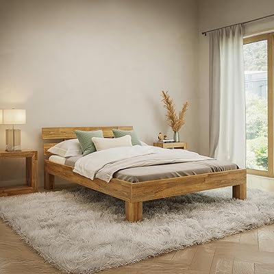 skølm Floki Massivholzbett 140x200 cm aus Eiche - hochwertiges Bettgestell - Bettrahmen mit Bettkopf - Holzbett in Natur geölt - Bett 140x200 cm geeignet als Doppelbett - Futonbett