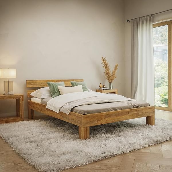 skølm Floki Massivholzbett 140x200 cm aus Eiche - hochwertiges Bettgestell - Bettrahmen mit Bettkopf - Holzbett in Natur geölt - Bett 140x200 cm geeignet als Doppelbett - Futonbett