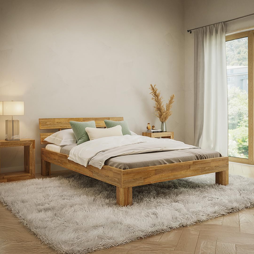skølm Floki Massivholzbett 140x200 cm aus Eiche - hochwertiges Bettgestell - Bettrahmen mit Bettkopf - Holzbett in Natur geölt - Bett geeignet als Doppelbett - Futonbett Schlafzimmer