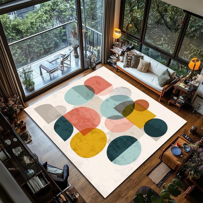 Tapis antidérapant et lavable mid-century à formes géométriques