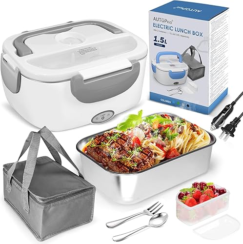 AUTOPkio Lonchera eléctrica con calentador de alimentos, 12 V, 24 V, 110 V, lonchera para auto, camión, trabajo en casa, 1.5 L, contenedor extraíble