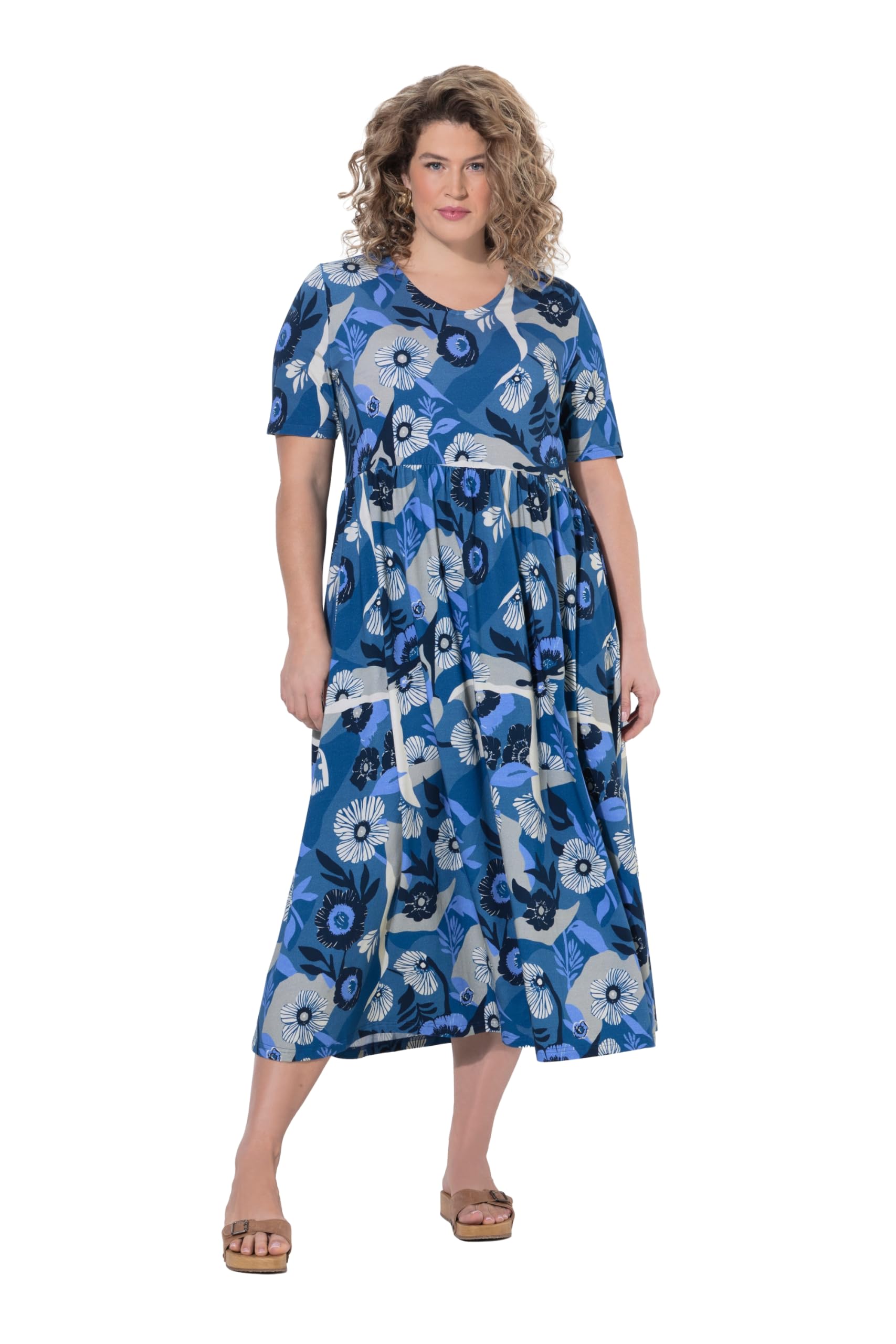 Ulla Popken Damen große Größen Übergrößen Plus Size Jerseykleid, Blüten, Rundhals, Halbarm, Biobaumwolle 849408