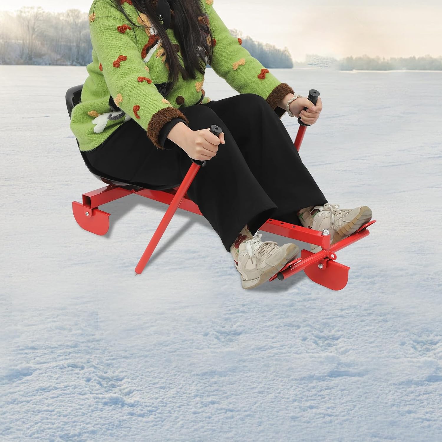 Snow Racer Scooter for Kids & Adults, Triangular PE & Iron Ski Scooter, Snow & Ice Skates with Free-Standing Mount, 90kg Max Load, Red+Black Outdoor Skating, Skiing, Sand & Grass Sliding Fun