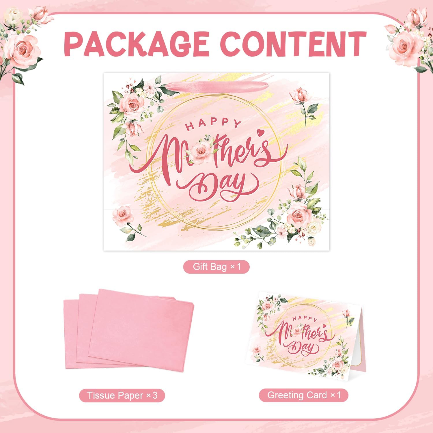 Aysimple Happy Mother's Day Large Gift Bag Set with Greeting Card and Pink Tissue Paper 13" Love Mother Present Bag Pastel Flower Paper Gift Bags with Handles for Happy Mom's Day Party Decorations