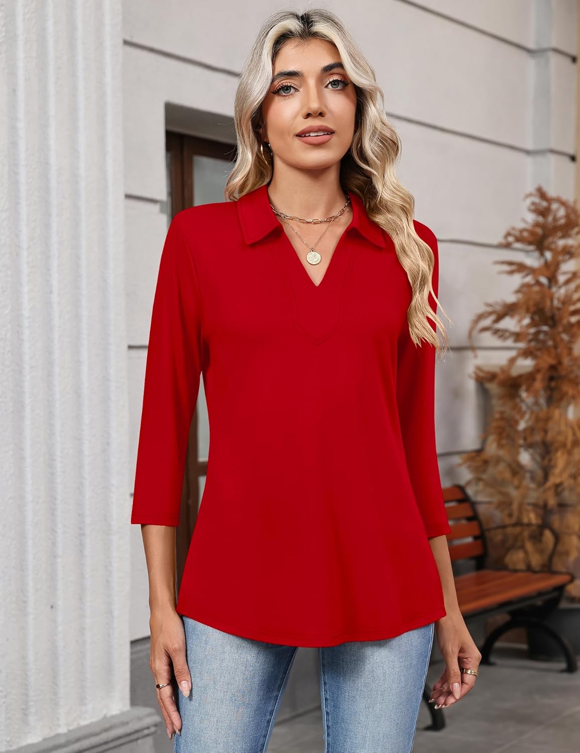 LOMON 3/4 Length Sleeve Womens Tops 2026 Spring Summer Collared Polo Shirts V Neck Casual Basic Polos Tees Shirt - Image 2