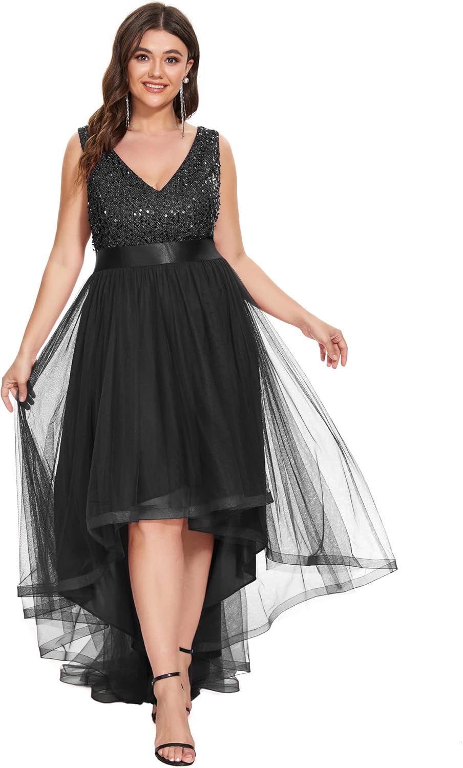 Ever-Pretty Womens Double V Neck A Line High Low Sequin Tulle Plus Size Formal Dresses for Curvy Women 0147A-DA