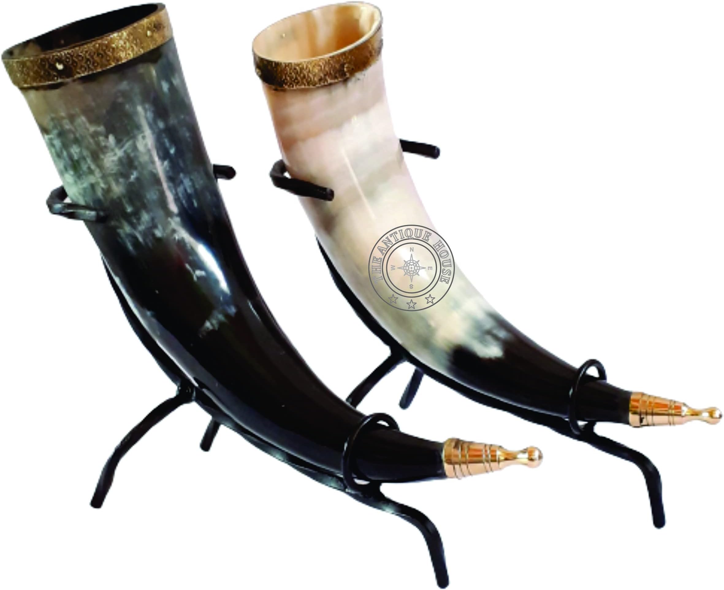 Set of Two Ox Horn Drinking Beer Mug Brass Rim Medieval Viking Cup With Iron Stand