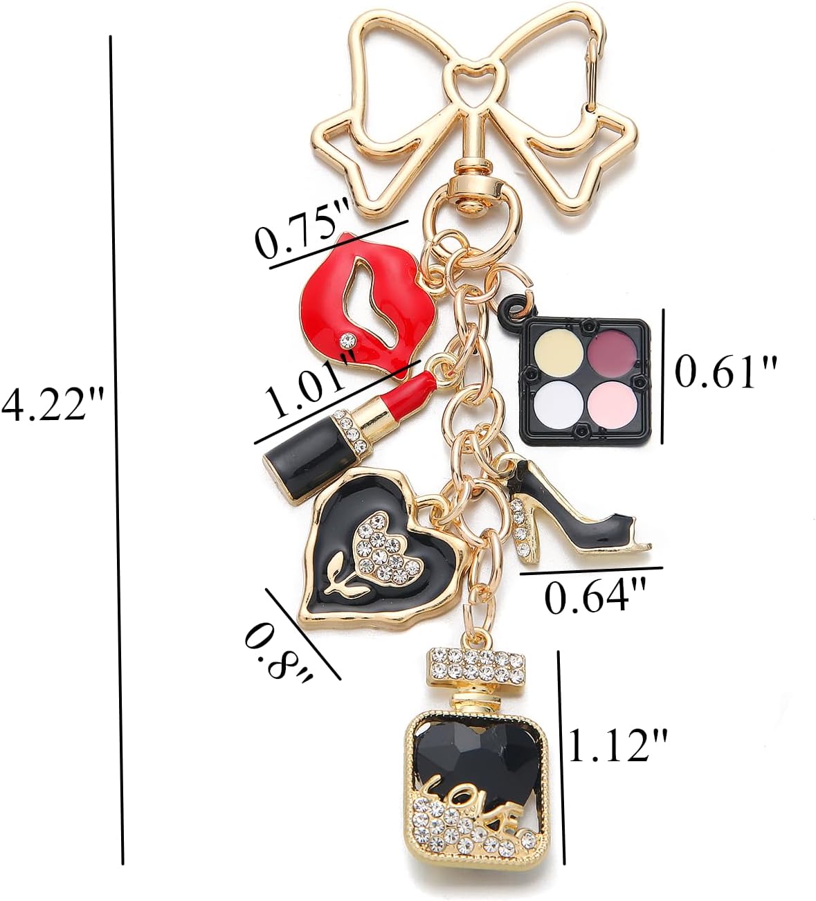 PHAETON 5PCS Fashion Keychain Charm, Gold Bow with Makeup Theme Charms, Lipstick Eyeshadow Perfume Bottle High Heel Heart for Women Gift - Image 2
