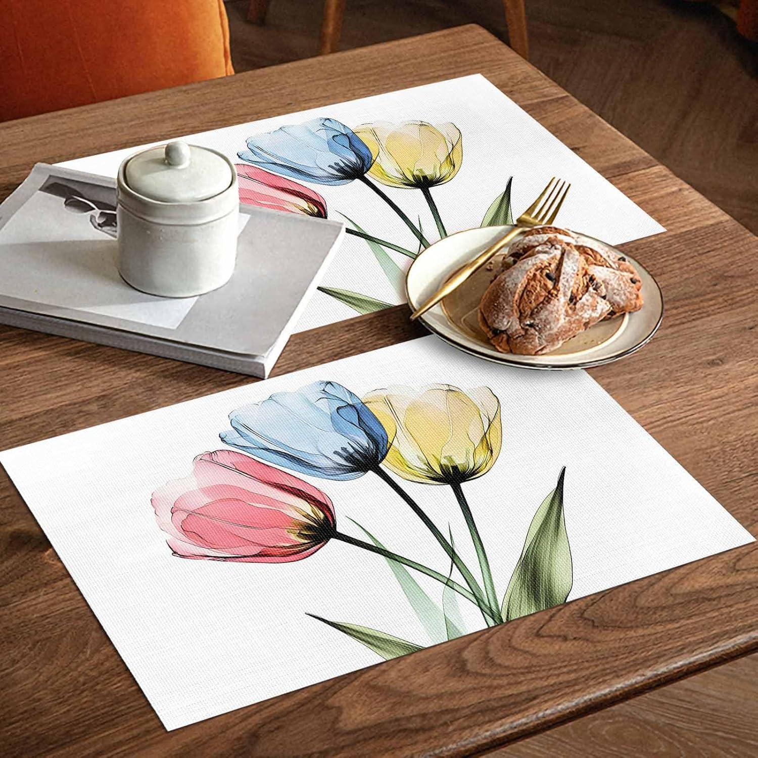 X-ray Tulips Placemats Set of 6 Colorful Floral Abstract Flowers Spring Summer 13x19 Inch Washable Non Slip Linen Table Mats, Rustic Summer Placemats for Dining Table Party Kitchen Decor