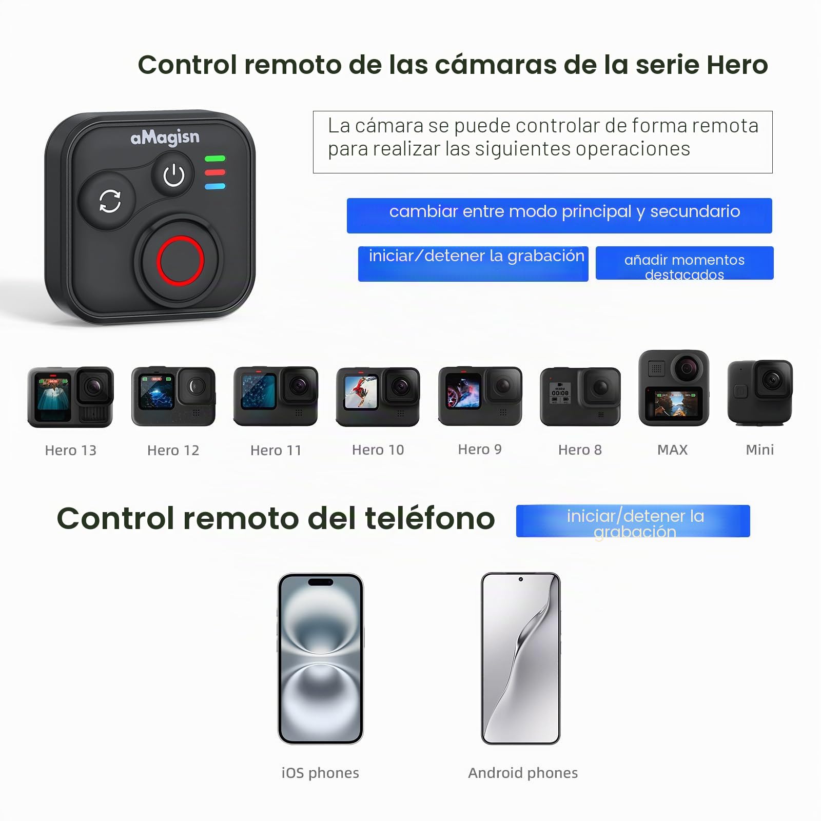 Mando a distancia Bluetooth para Insta360 Ace Pro 2 X5 ONE RS GoPro Hero 13 12, mando a distancia inalámbrico con correa de muñeca, alcance de 50 m, accesorios de cámara de acción inteligente