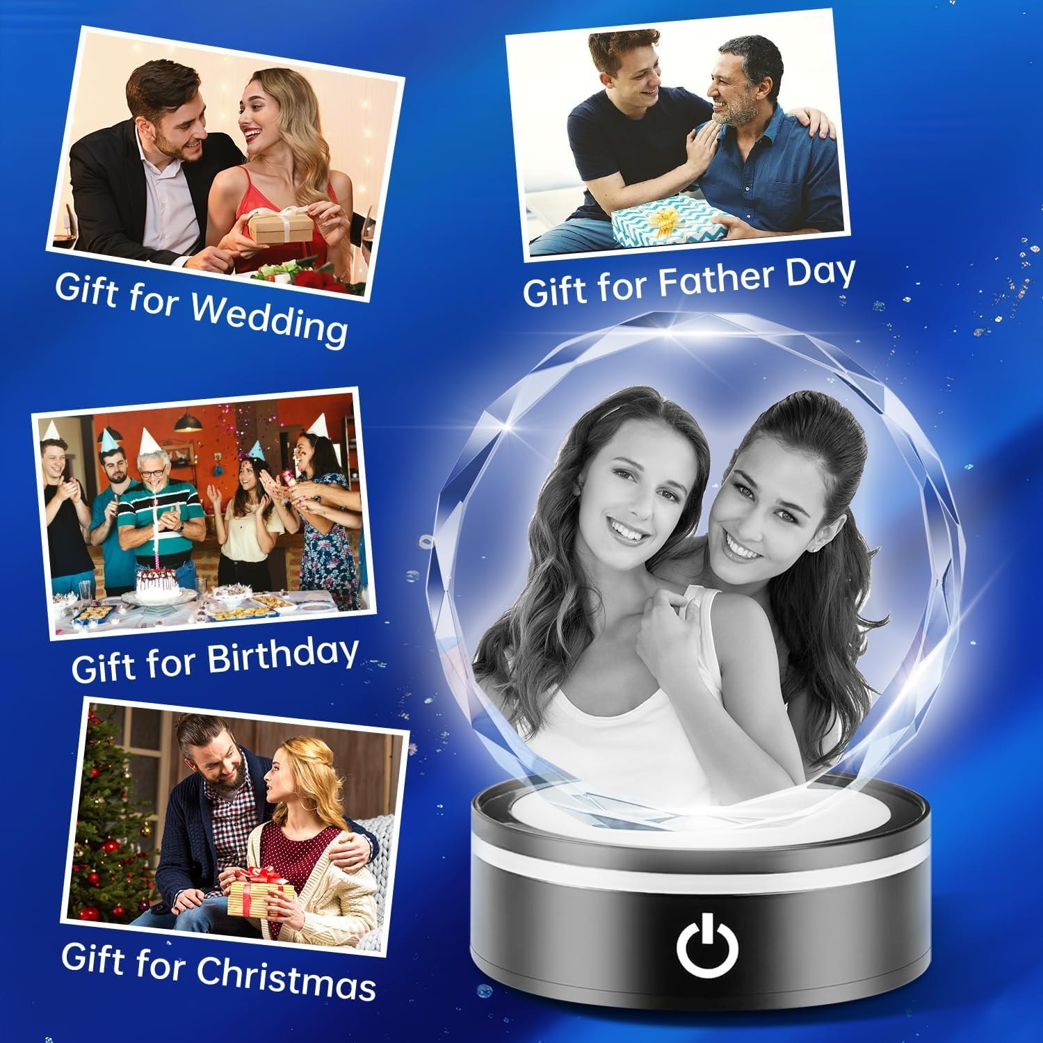 Customized Laser Engraved Crystal Photo, Personalized Round Crystal Picture with Colorful LED Light Base for Anniversary Christmas Birthday Mothers Day, Custom Glass Photo Frame for Men Women Mom Dad