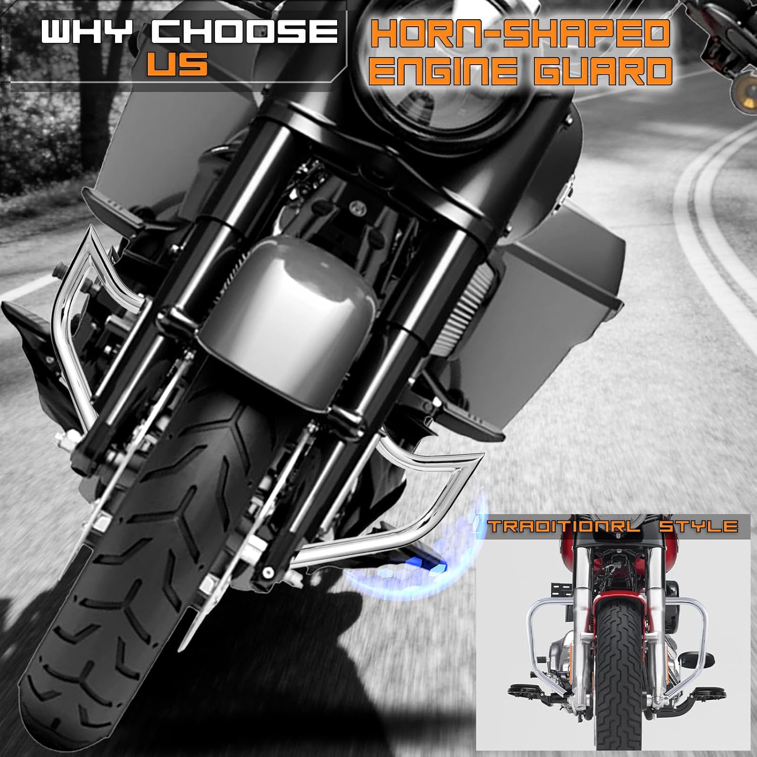 Mustache Style Engine Guard Crash Bar Highway Bar for Touring Road Glide Road King Street Glide Electra Glide CVO and Trike Models (Chrome)