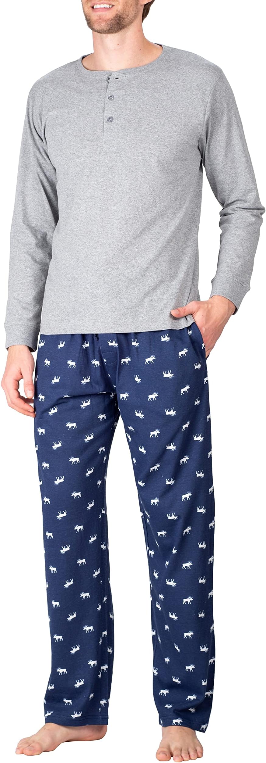 Men’s Pyjama Set Pyjamas For Men 2 Piece PJ Set with Cotton Knit Men Pyjama Pants and Long Sleeve Henley T-Shirt