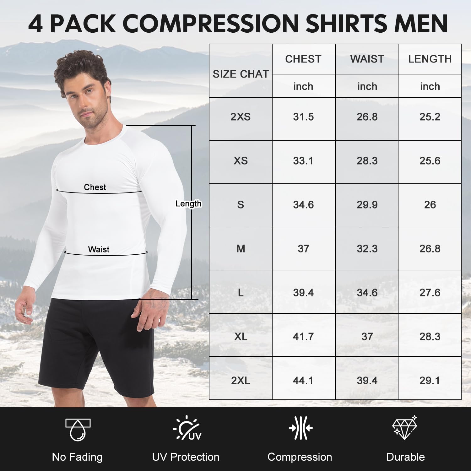 CL convallaria 4 Pack Compression Shirt Men Long Sleeve Cooling Dry Running Tops Athletic Base Layer for Sports