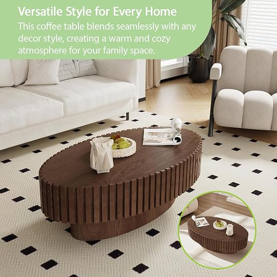 110CM Oval Fluted Coffee Table, Large Modern Wood Drum Coffee Table
