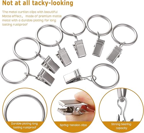 Miniatura 2 de Anillos de cortina con ganchos de clips, 100 anillos de cortina de metal de acero inoxidable de 1 pulgada para soporte de barra de tensión, ojales
