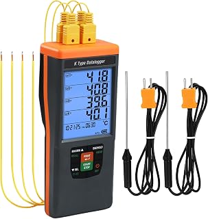Digital Thermocouple Thermometer, 4 Channel Data Logger Thermometer with 48,000 Groups Data Records, -328~2498℉ Measuring Range Thermocouple Reader with Buzzer and Visible Alarm