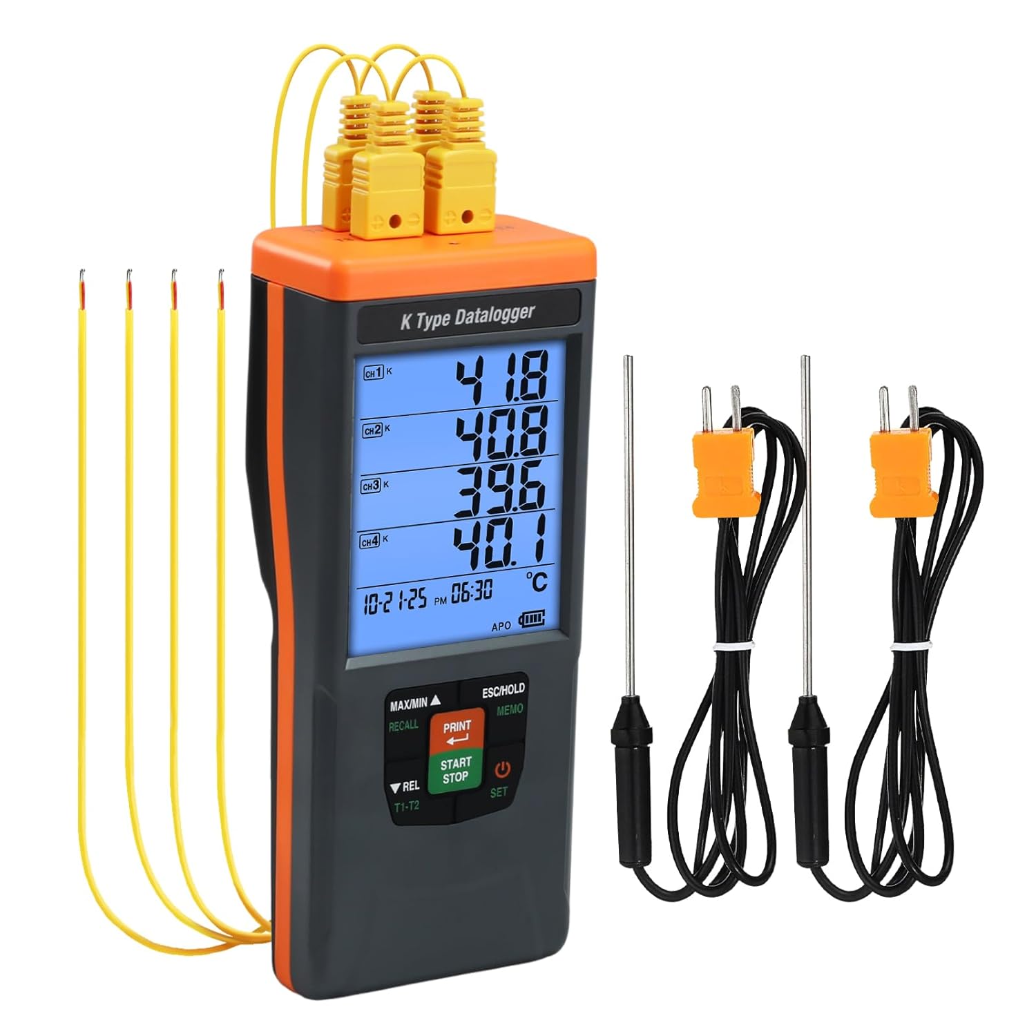 Digital Thermocouple Thermometer, 4 Channel Data Logger Thermometer with 48,000 Groups Data Records, -328~2498℉ Measuring Range Thermocouple Reader with Buzzer and Visible Alarm