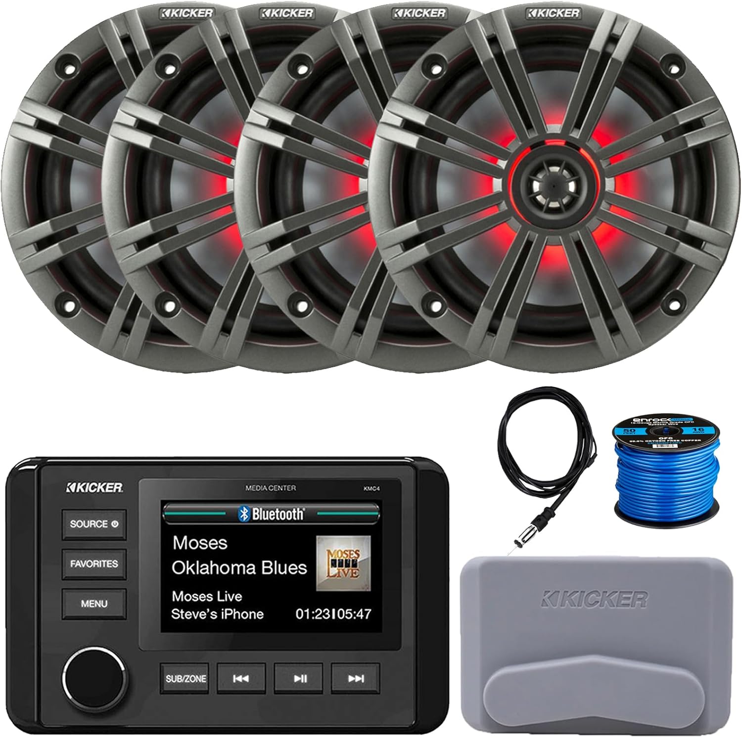KICKER 51KMC4 3" LCD Marine Bluetooth Weather-Resistant Gauge-Style AM/FM WB/USB/AUX Media Center Receiver, 4X 6.5 195W Max Power RGB LED Coaxial Speakers W/Charcoal Grille, 22" Antenna, Speaker Wire