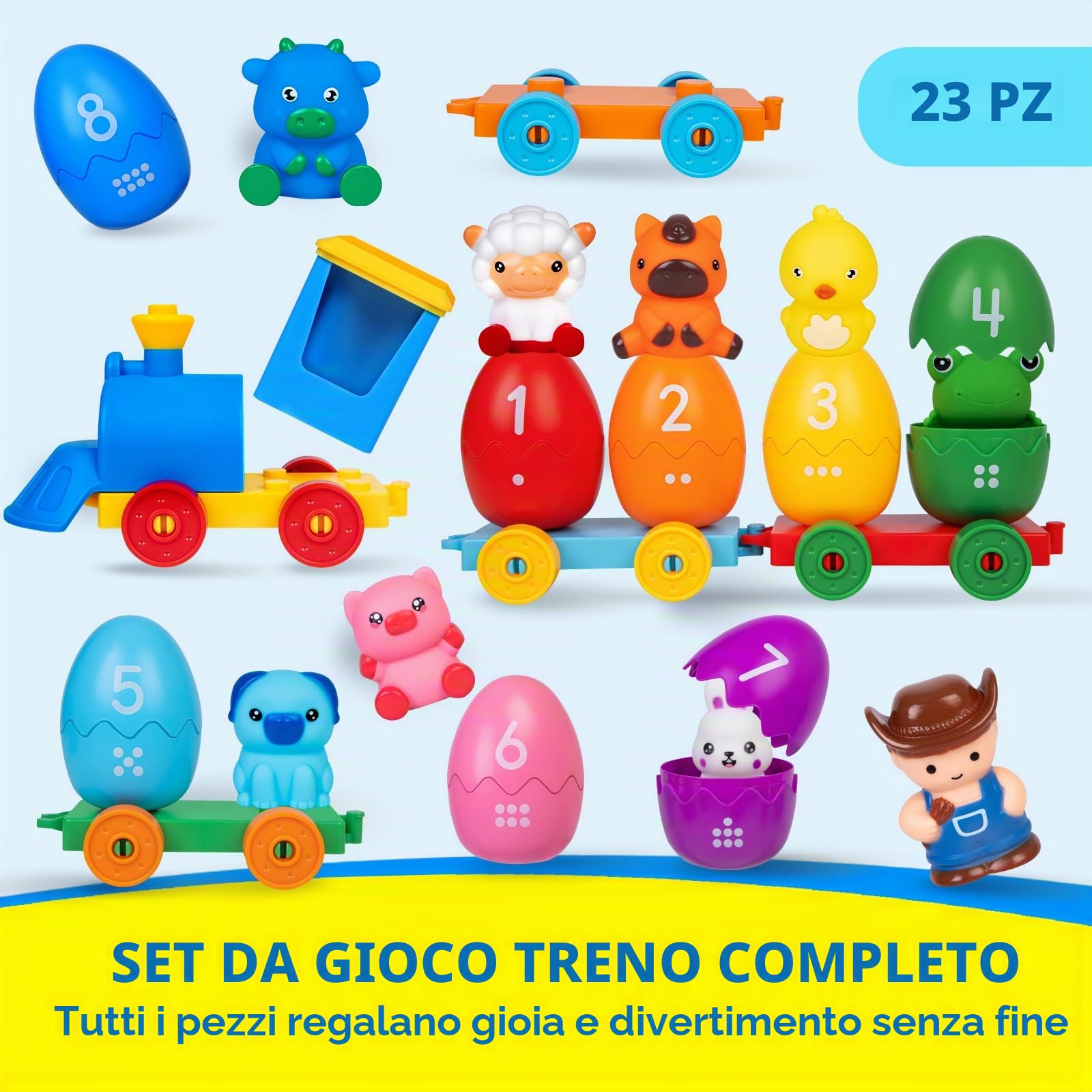 Quanquer Trenino Fattoria per Bambini 18+ Mesi, Giocattolo Educativo Montessori per Contare, Ordinare e Abbinare, Ideale per attività Prescolari e Come Regalo Perfetto di Natale e Compleanno