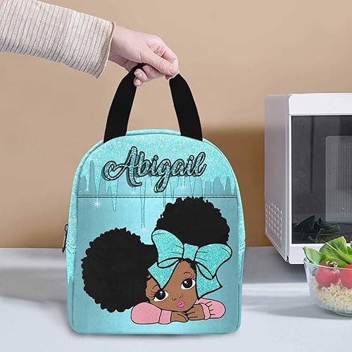 Miniatura 3 de Lonchera personalizada con nombre, color verde menta, patrón brillante, corbatín, lonchera aislada personalizada para niñas y niños, bolsa de mano