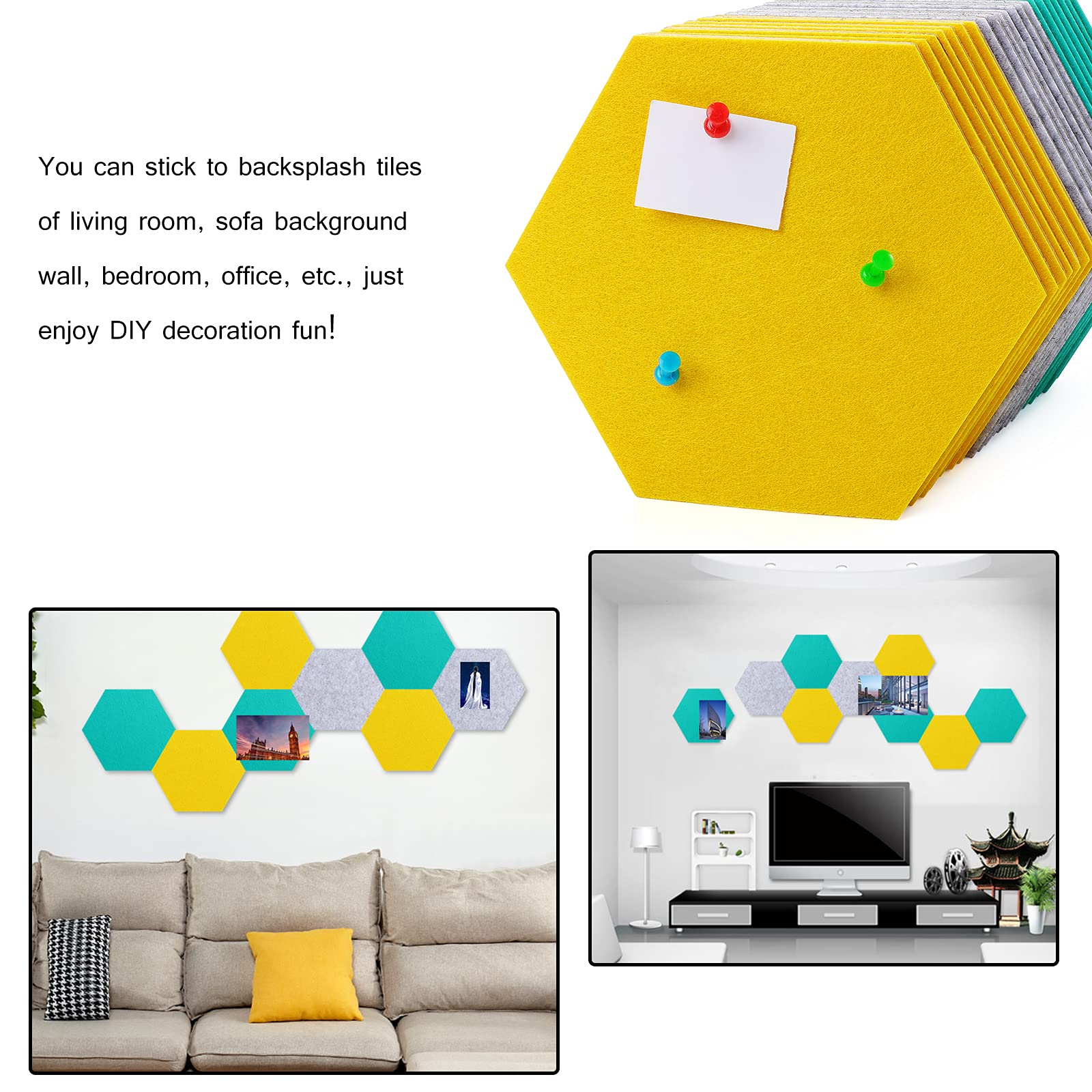 Afumazi Filz-Pinnwände Sechseckig – 8 Stück, 27x24 Cm, Selbstklebend – Farbige Memoboards Für Wand, Büro & Zuhause Inkl. Reißzwecken