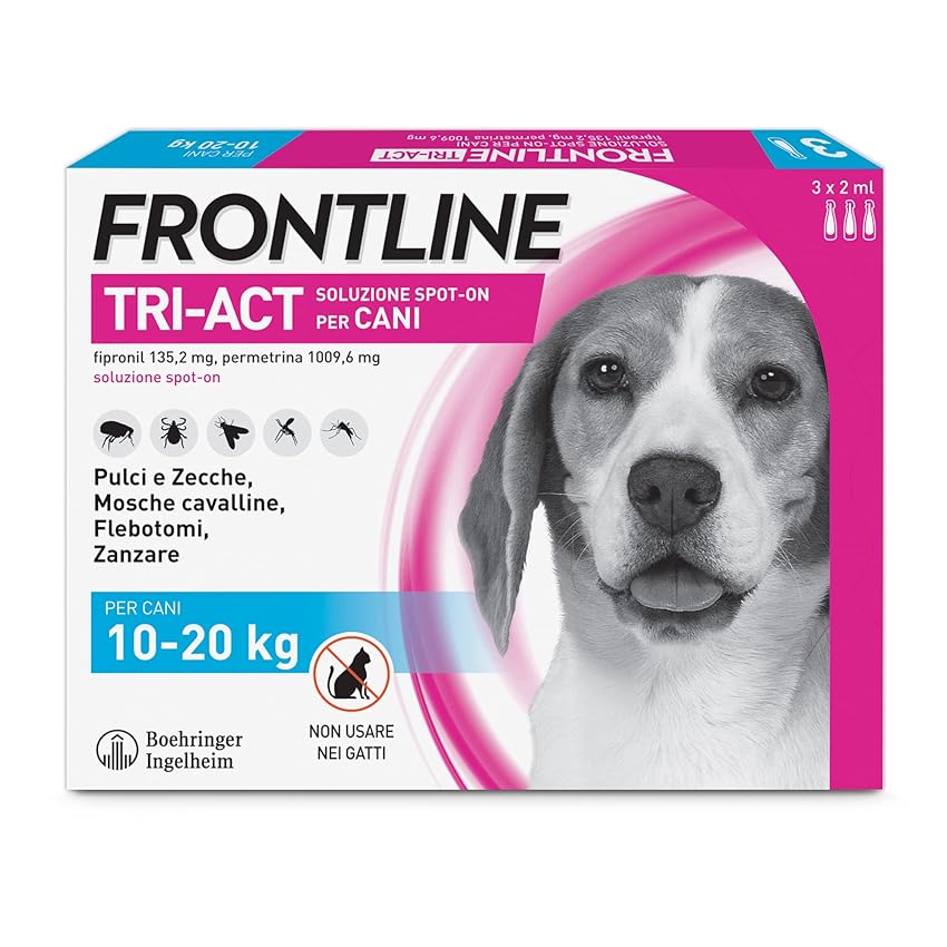 Immagine del prodotto FRONTLINE Triact, 3 Pipette, Cane M (10-20Kg), Antiparassitario per Cani e Cuccioli di Lunga Durata, Protegge il Cane da Pulci, Zecche, Zanzare, Pappataci e Leishmaniosi, Antipulci 3 Pipette