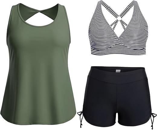 Holipick Women 3 Piece Plus Size Tankini Swimsuits Tummy Control Bathing Suits with Bikini Top with Boy Shorts