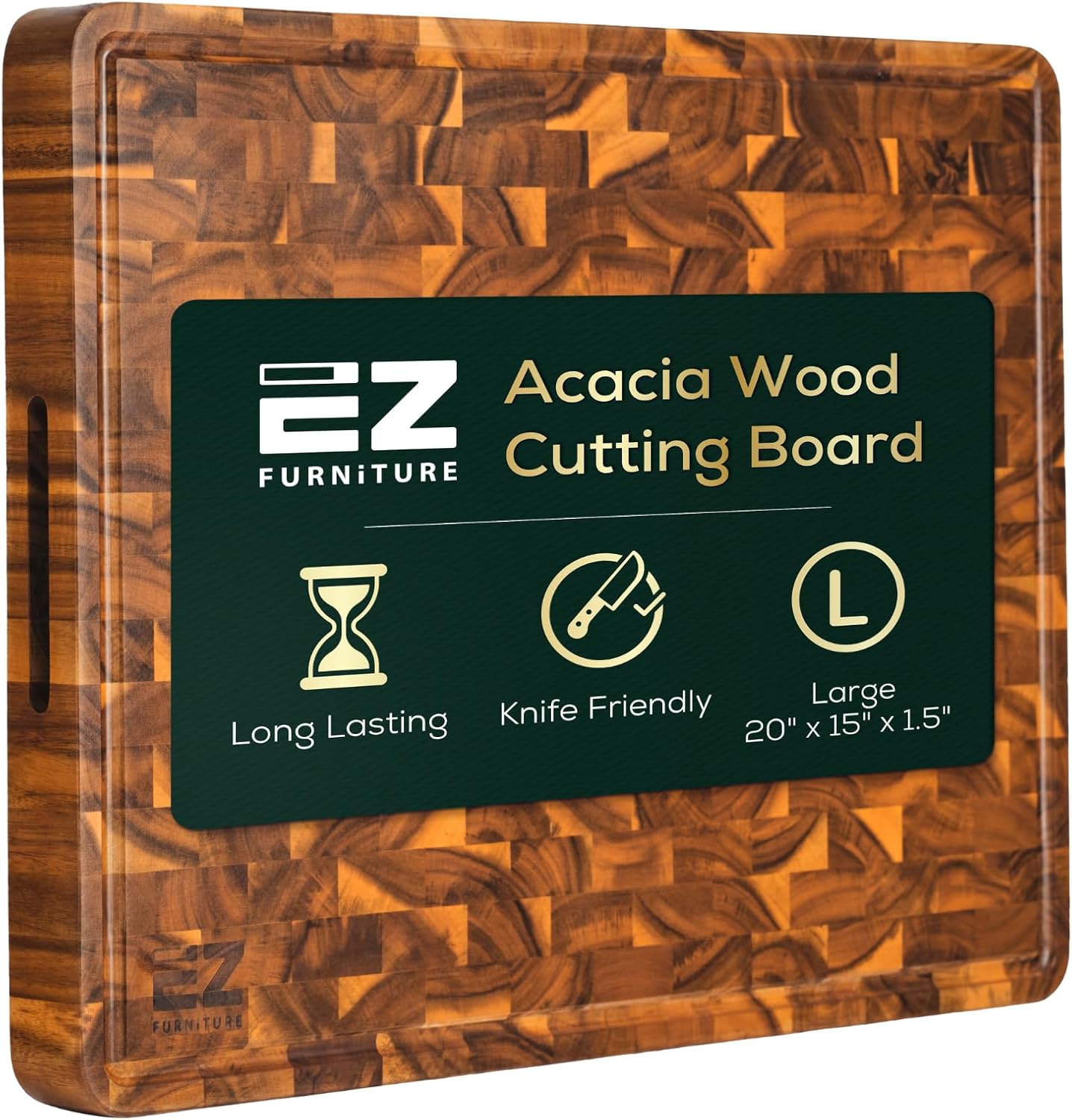 Acacia Large Wood Cutting Board & Serving Board, Pre-Oiled End Grain with Juice Groove and Handles, Knife Friendly, Food Grade Mineral Oil (XL 24" x 18" x 1.5", 11.46 lbs)