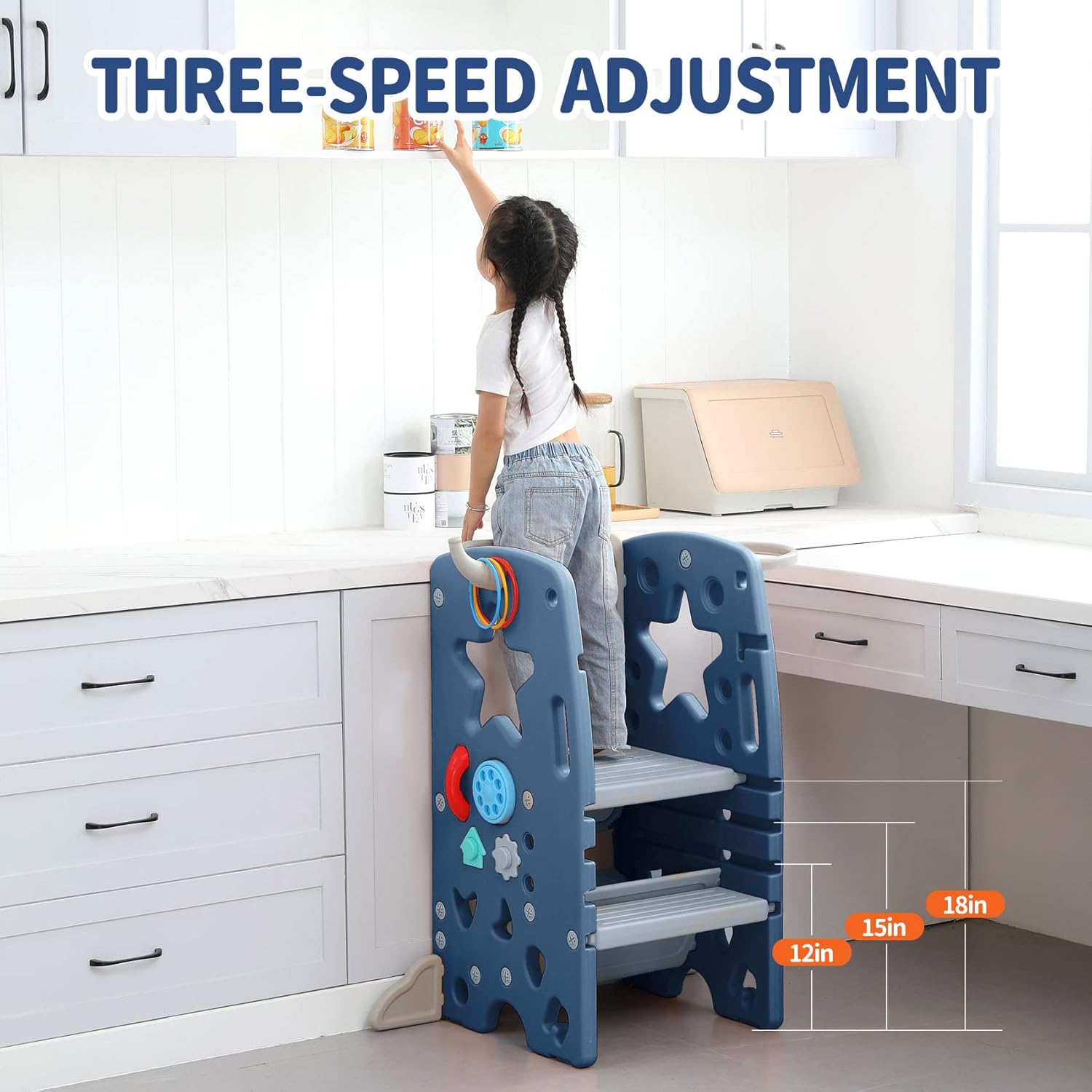 Multifunctional Kids Step Stool w/Double Safety Rails, Height Adjustable, Toddler Helper Tower for Kitchen Countertop and Bathroom w/Drawing Board & Storage (OMLT-Dark Blue)
