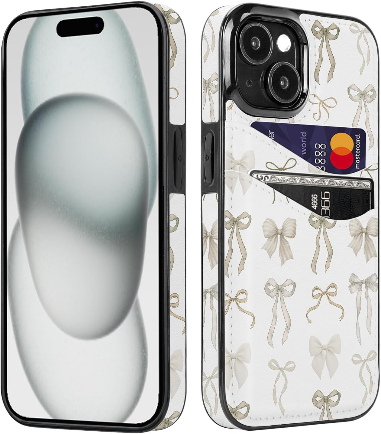 Compatible with iPhone 13/14/15 6.1 inch Case with Card Holder Soft Cute Leather Wallet Case Protective Shockproof Hard Cover for Women Girls (Pastel Ribbon Bow)