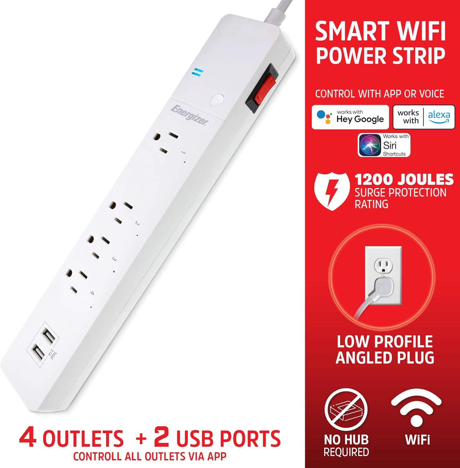 Energizer Smart Wi-Fi 4 Outlet 2 USB Power Strip, 1,200 Joules, Powers 4 Separate Items, Charge Compatible Devices, Compatible with Alexa/Siri/Google Assistant