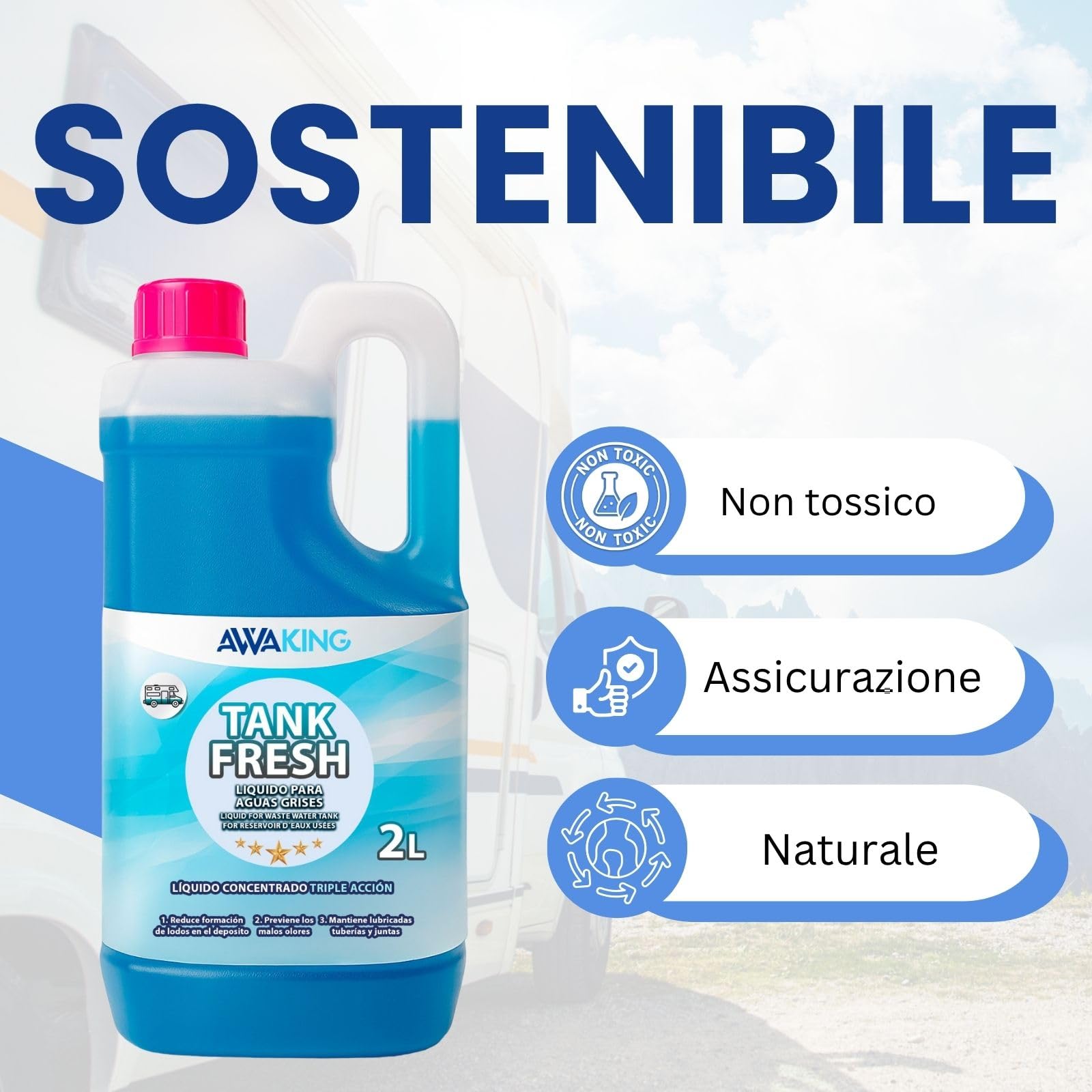 Liquido per camper Tank Fresh 2L AWAKING, liquido additivo acque grigie, scarichi, docce, camper, camper, evitare cattivi odori, biodegradabile, aromatizzante, altamente efficace