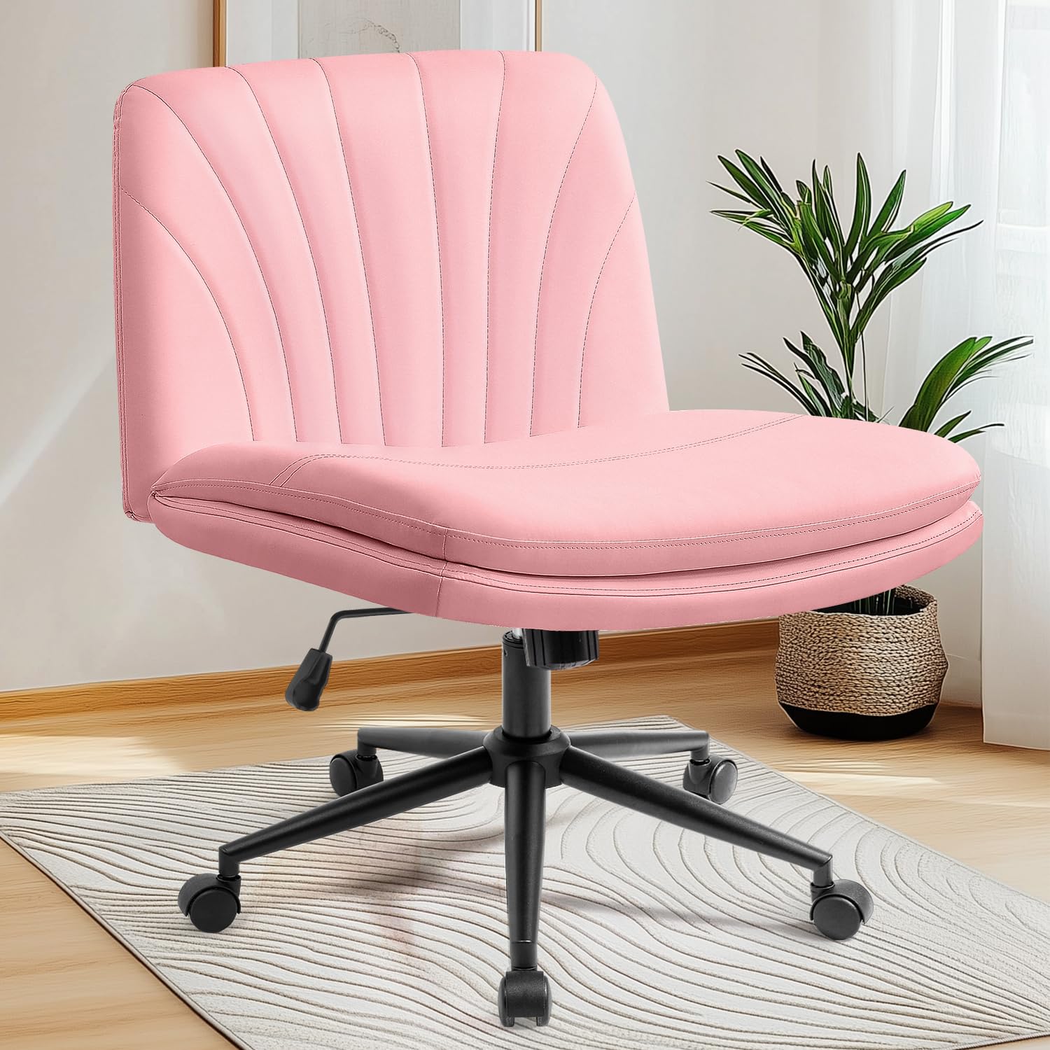 NEO Chair Criss Cross Chair with Wheels Armless Vanity Desk Office Wide Comfy Chair Cross Legged Adjustable Swivel Rolling Computer for Home Office PU