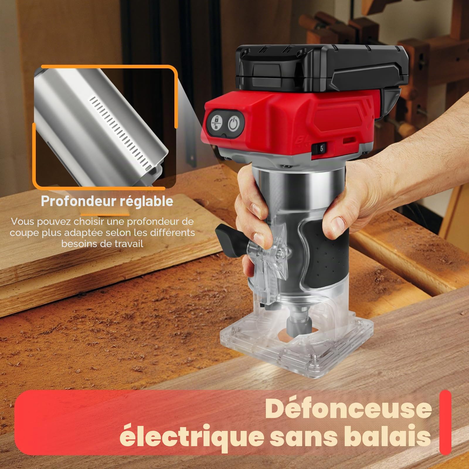 Défonceuse sans fil compatible avec batterie Milwaukee 18 V, 800 W sans balais avec 5 vitesses, 30 000 tr/min, 5 routeurs à col enfichable 1/4" pour le travail du bois, la coupe (sans batterie)