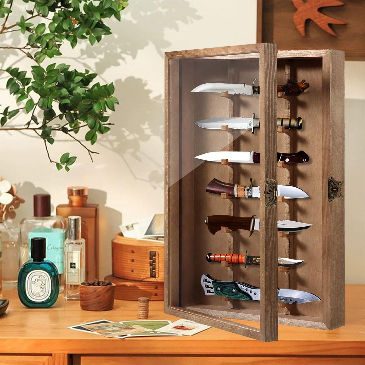LITAITAI 11x16 Wooden & Acrylic Knife Display Case - Wall Mount, Holds up to 7, Collectible Tactical Knife Display Stand